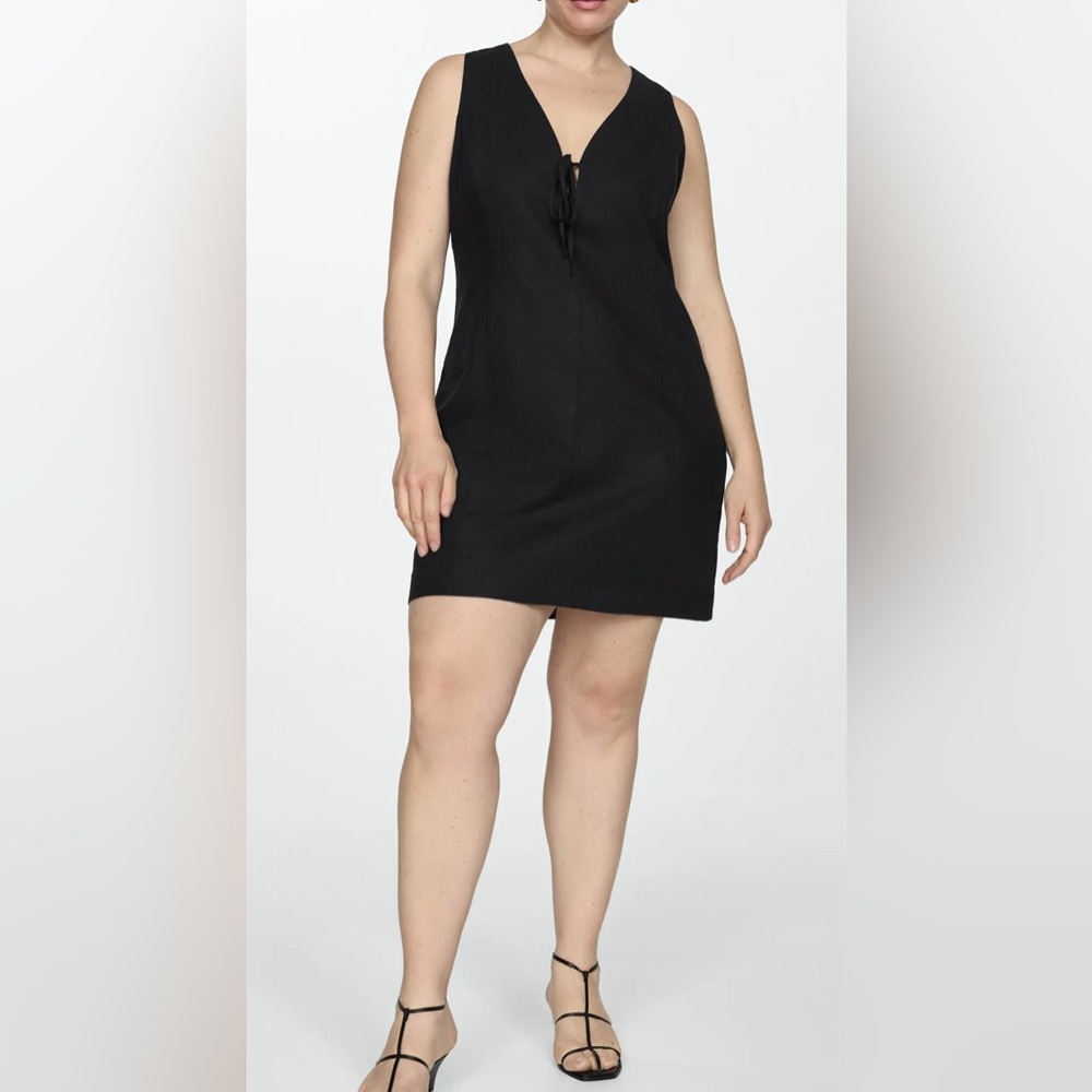 Mango- Tie Front Linen Blend Black Mini Dress